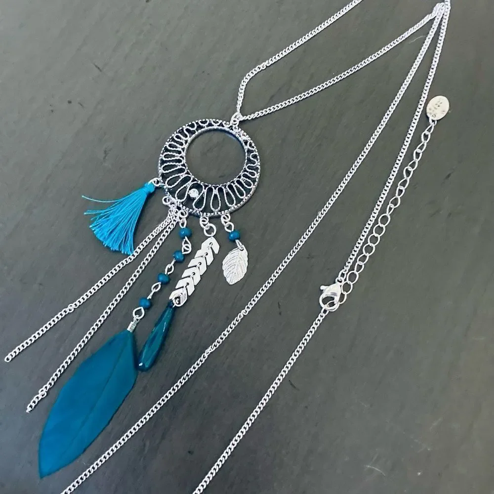 Silver Turquoise Blue Boho Feather Long Silver Necklace